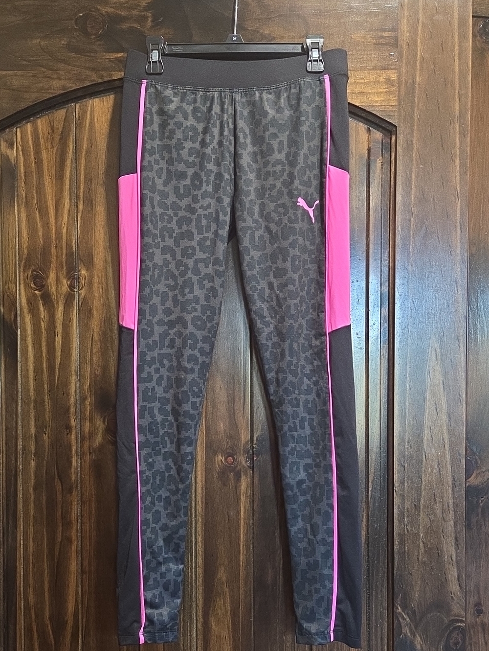 Puma Girls' Black Gray Leopard Leggings with Pink Panels